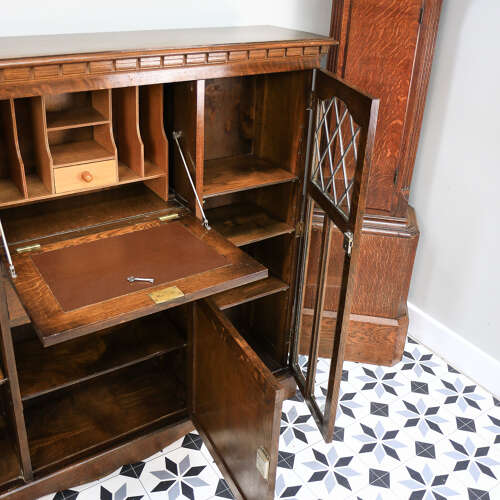 Oak Bookcase Bureau with Leaded Glazed Doors and Drop Down Front