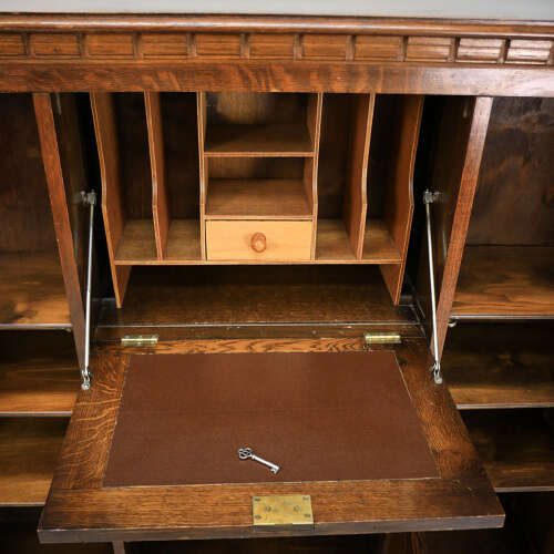 Oak Bookcase Bureau with Leaded Glazed Doors and Drop Down Front