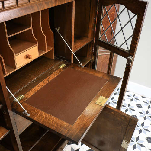 Oak Bookcase Bureau with Leaded Glazed Doors and Drop Down Front
