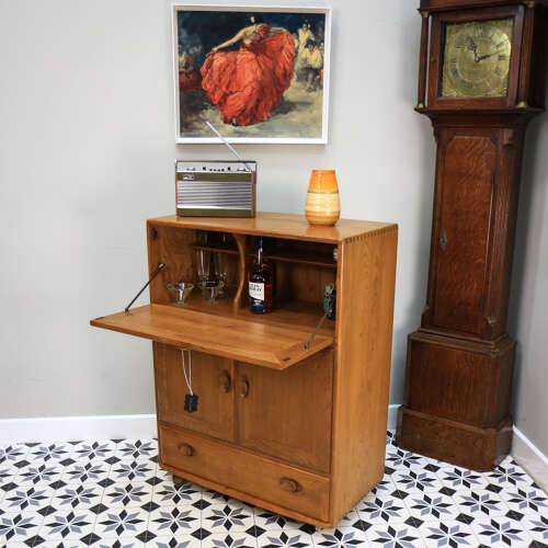 Ercol Windsor Blonde Drinks Cocktail Cabinet Bureau in Elm Model 469