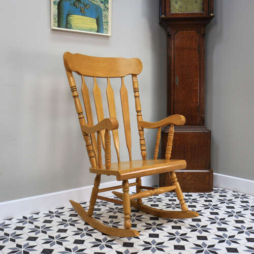 Rocking Chair Solid Wood with Exaggerated Slat Back and Turned Spindles
