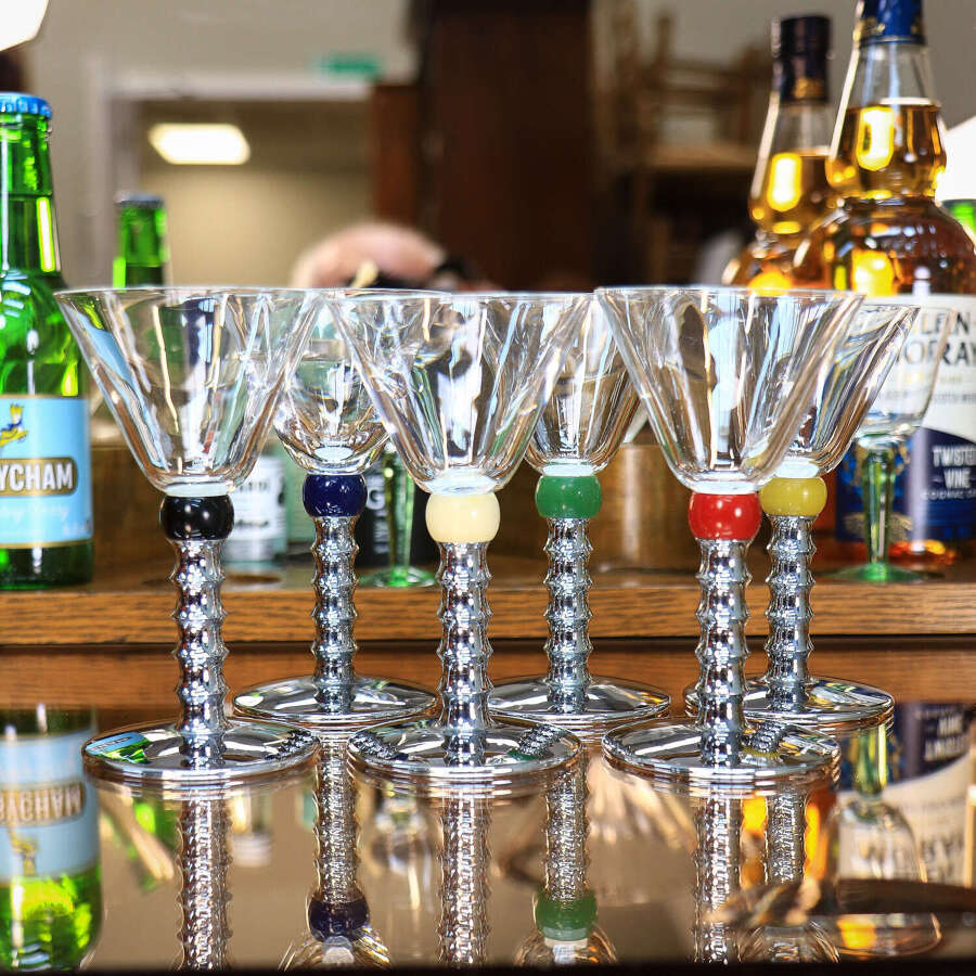 Six Art Deco Cocktail Martini Glasses on Chrome Stems with Coloured Accent Ball