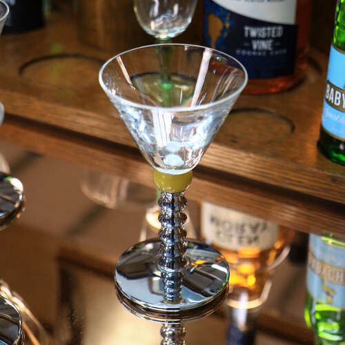 Six Art Deco Cocktail Martini Glasses on Chrome Stems with Coloured Accent Ball