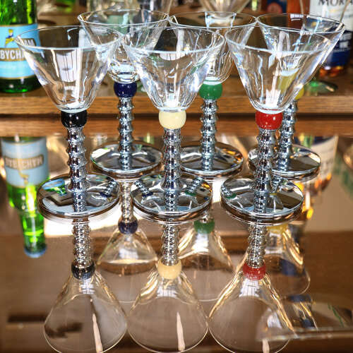 Six Art Deco Cocktail Martini Glasses on Chrome Stems with Coloured Accent Ball