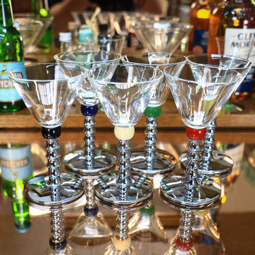Six Art Deco Cocktail Martini Glasses on Chrome Stems with Coloured Accent Ball