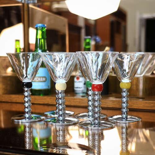 Six Art Deco Cocktail Martini Glasses on Chrome Stems with Coloured Accent Ball