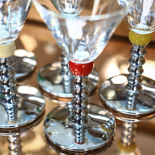 Six Art Deco Cocktail Martini Glasses on Chrome Stems with Coloured Accent Ball