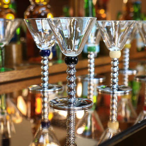 Six Art Deco Cocktail Martini Glasses on Chrome Stems with Coloured Accent Ball