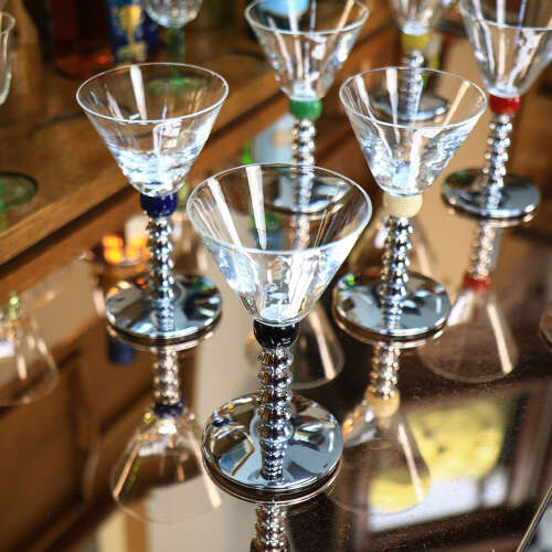 Six Art Deco Cocktail Martini Glasses on Chrome Stems with Coloured Accent Ball