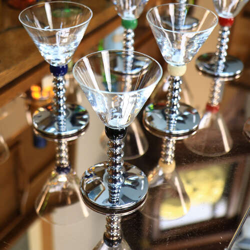Six Art Deco Cocktail Martini Glasses on Chrome Stems with Coloured Accent Ball
