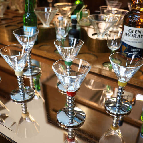 Six Art Deco Cocktail Martini Glasses on Chrome Stems with Coloured Accent Ball