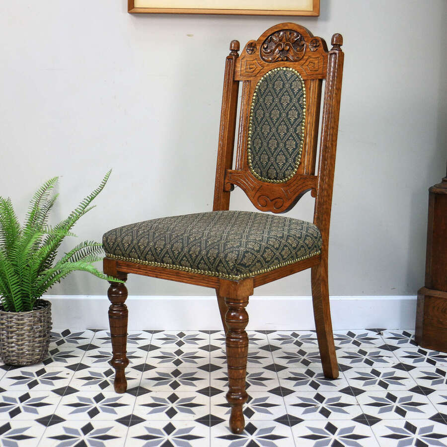 Victorian Side or Hall Chair Carved Back in Solid Oak with Green and Gold Fabric