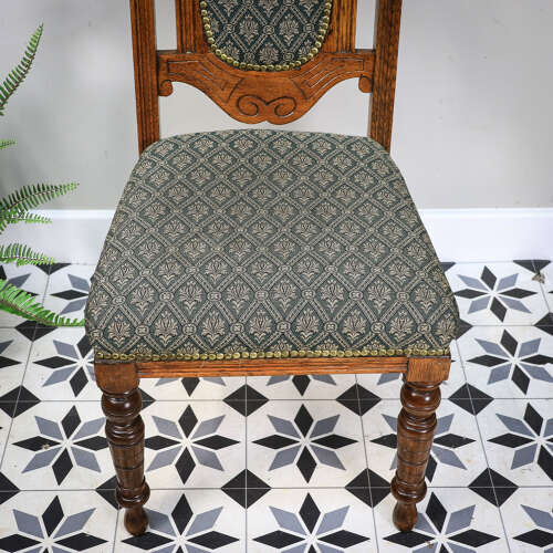 Victorian Side or Hall Chair Carved Back in Solid Oak with Green and Gold Fabric