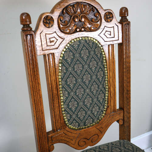 Victorian Side or Hall Chair Carved Back in Solid Oak with Green and Gold Fabric