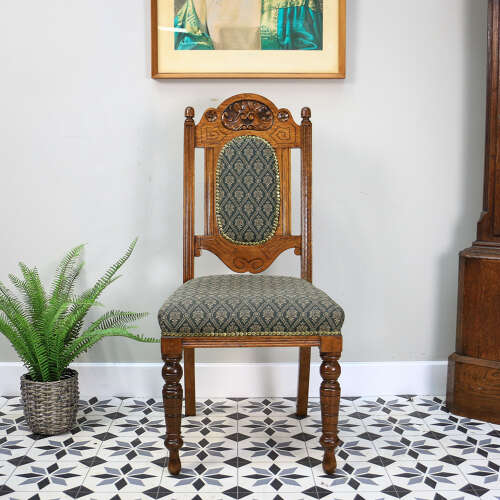 Victorian Side or Hall Chair Carved Back in Solid Oak with Green and Gold Fabric