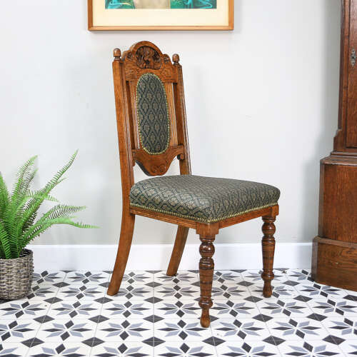 Victorian Side or Hall Chair Carved Back in Solid Oak with Green and Gold Fabric
