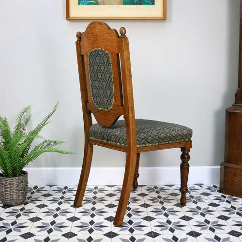 Victorian Side or Hall Chair Carved Back in Solid Oak with Green and Gold Fabric
