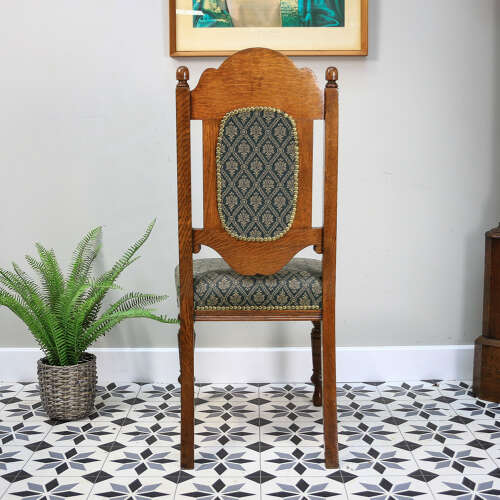 Victorian Side or Hall Chair Carved Back in Solid Oak with Green and Gold Fabric
