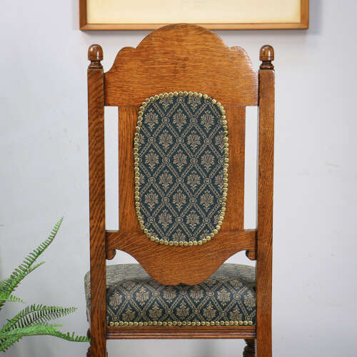 Victorian Side or Hall Chair Carved Back in Solid Oak with Green and Gold Fabric
