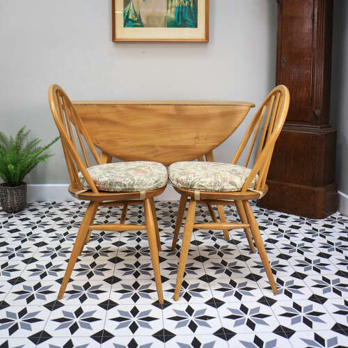Four Ercol Windsor 370 Dining Chairs with n Elm Ercol Drop Leaf Dining Table