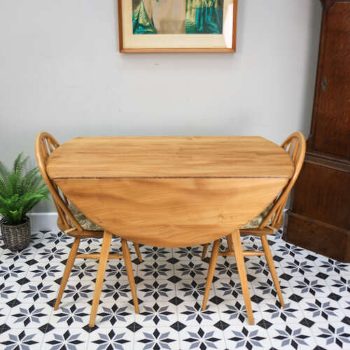Four Ercol Windsor 370 Dining Chairs with n Elm Ercol Drop Leaf Dining Table