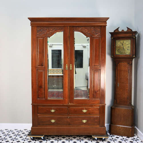 Antique Double Wardrobe Mirrored Doors and Drawers Late Victorian
