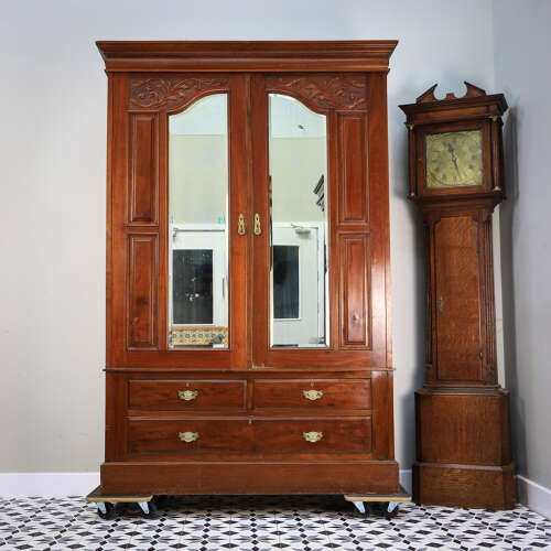 Antique Double Wardrobe Mirrored Doors and Drawers Late Victorian